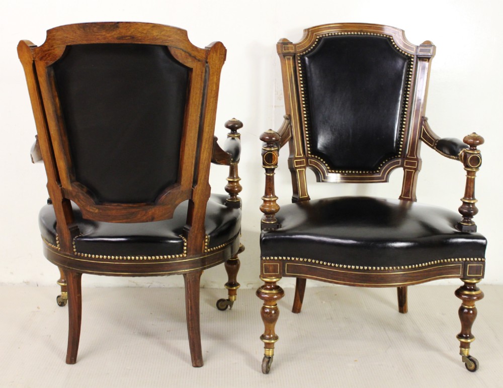 Pair of Brass Inlaid Leather Upholstered Armchairs View VI