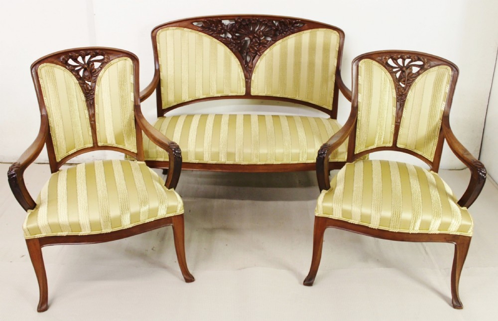 French Art Nouveau 3 Piece Walnut Salon Suite