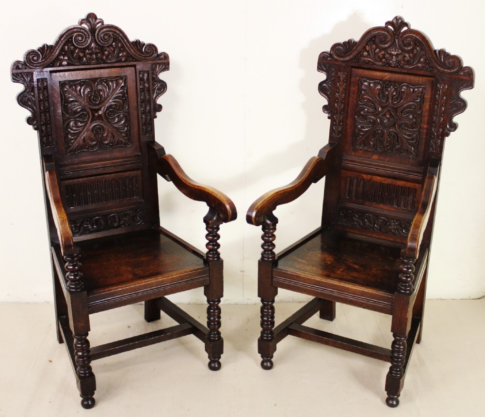 Pair of 19th Century Carved Oak Wainscot Armchairs