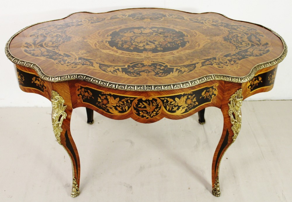 French Floral Marquetry Serpentine Shaped Table