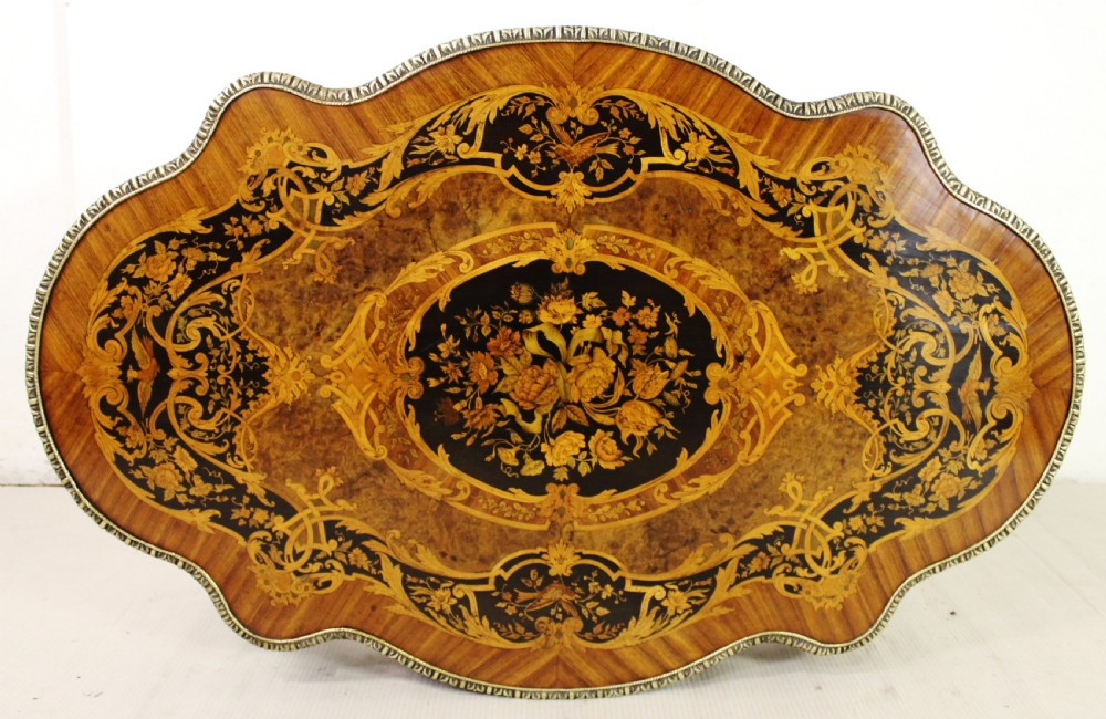 French Floral Marquetry Serpentine Shaped Table View V