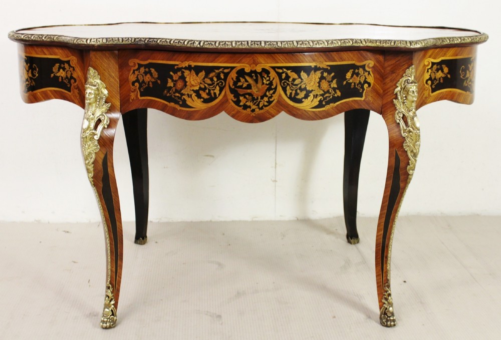 French Floral Marquetry Serpentine Shaped Table View VI