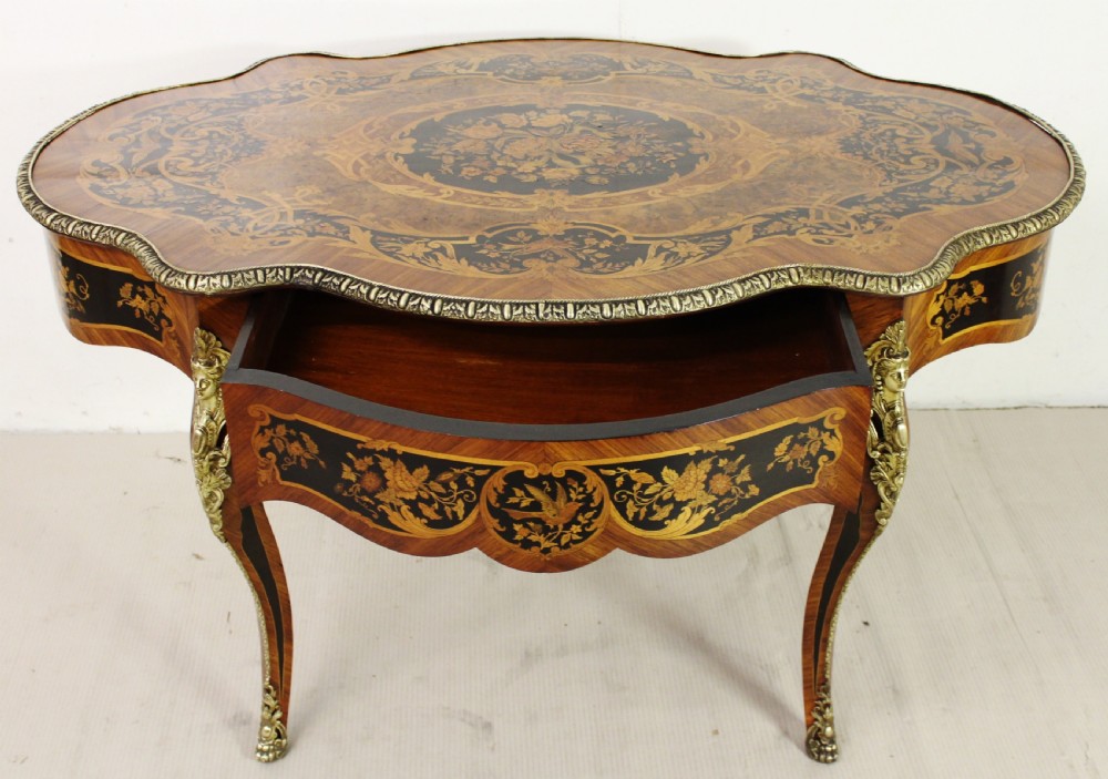 French Floral Marquetry Serpentine Shaped Table View XII