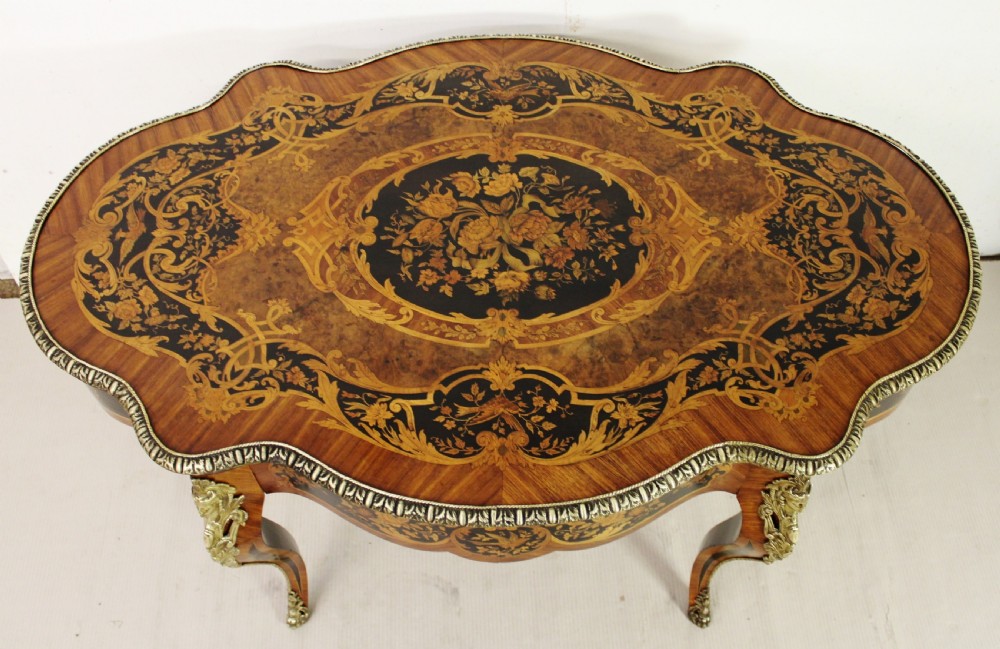 French Floral Marquetry Serpentine Shaped Table View XV