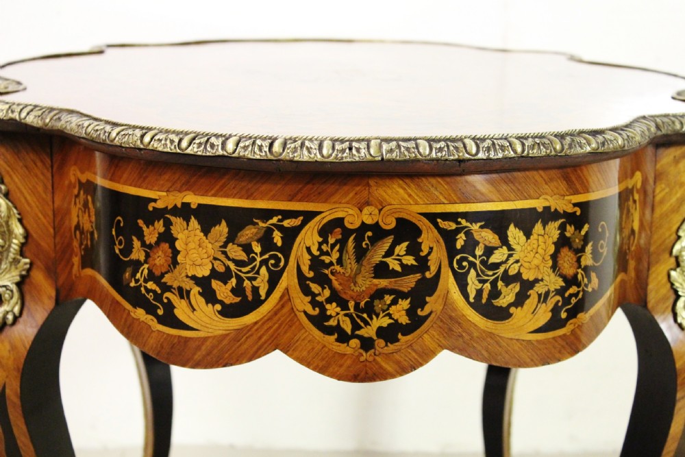 French Floral Marquetry Serpentine Shaped Table View XX