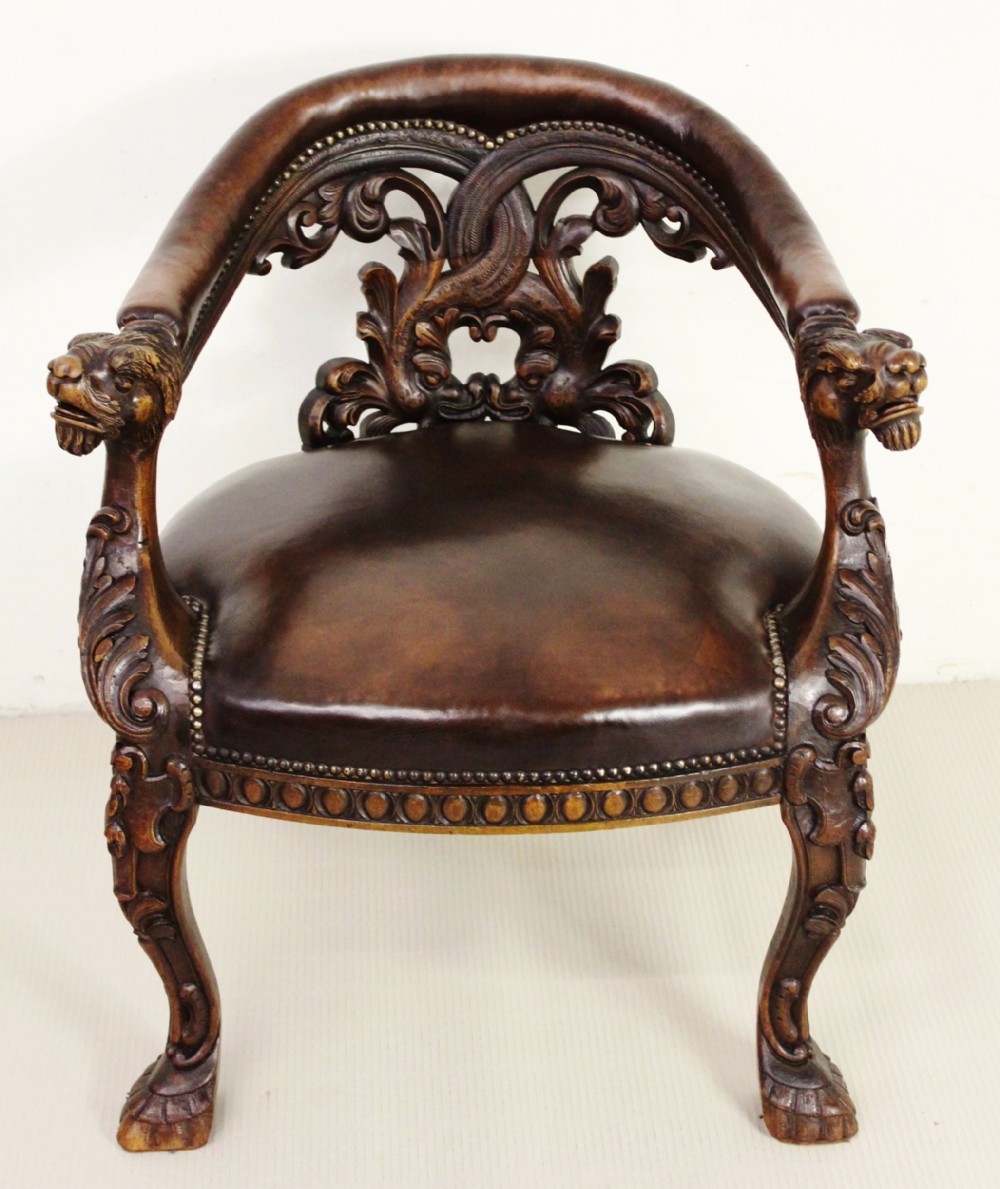 Ornate Walnut and Leather Captains Desk Chair