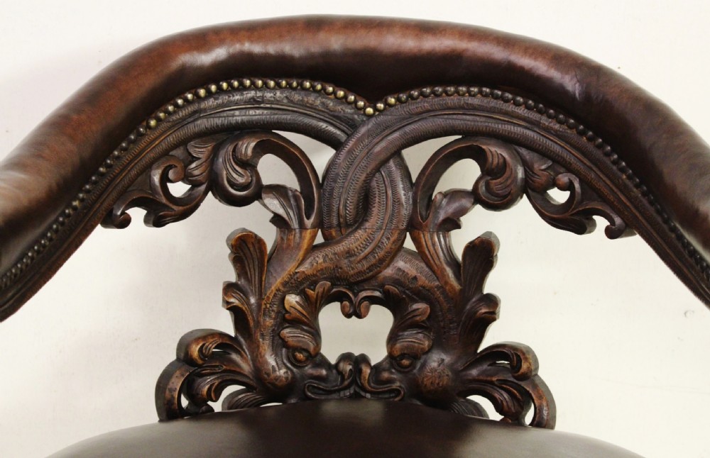 Ornate Walnut and Leather Captains Desk Chair View II