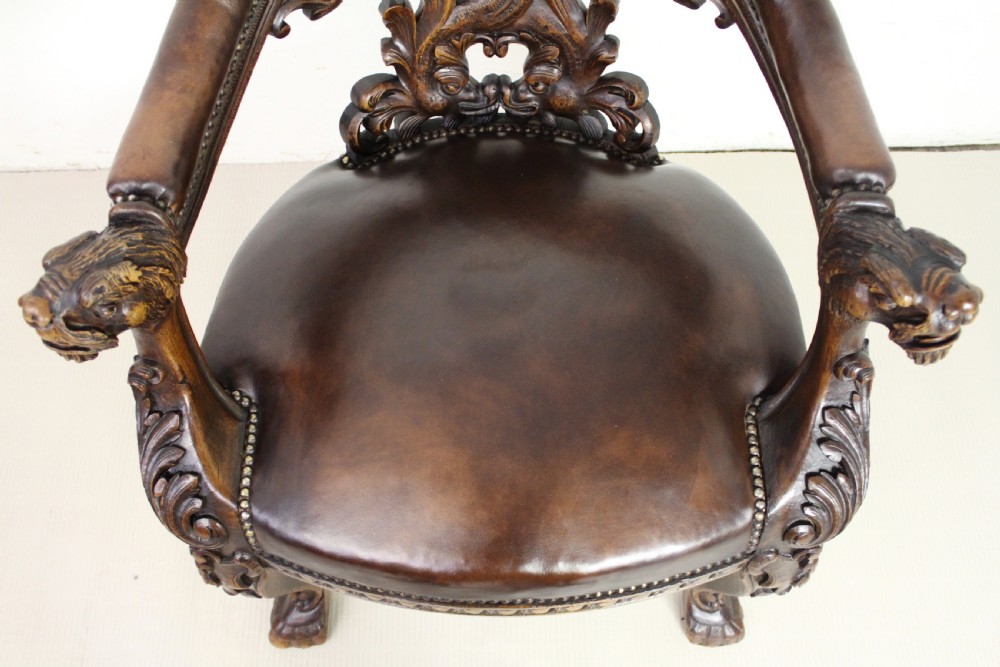 Ornate Walnut and Leather Captains Desk Chair View XII