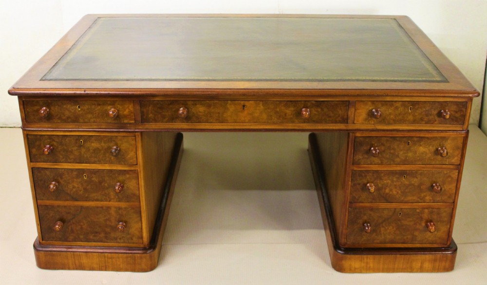 Large Victorian Burr Walnut Partners Pedestal Desk