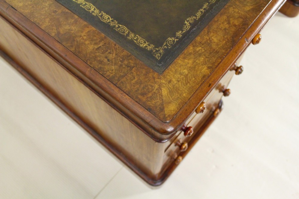 Large Victorian Burr Walnut Partners Pedestal Desk View III