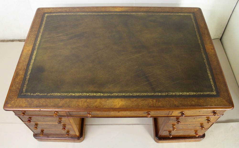 Large Victorian Burr Walnut Partners Pedestal Desk View IV
