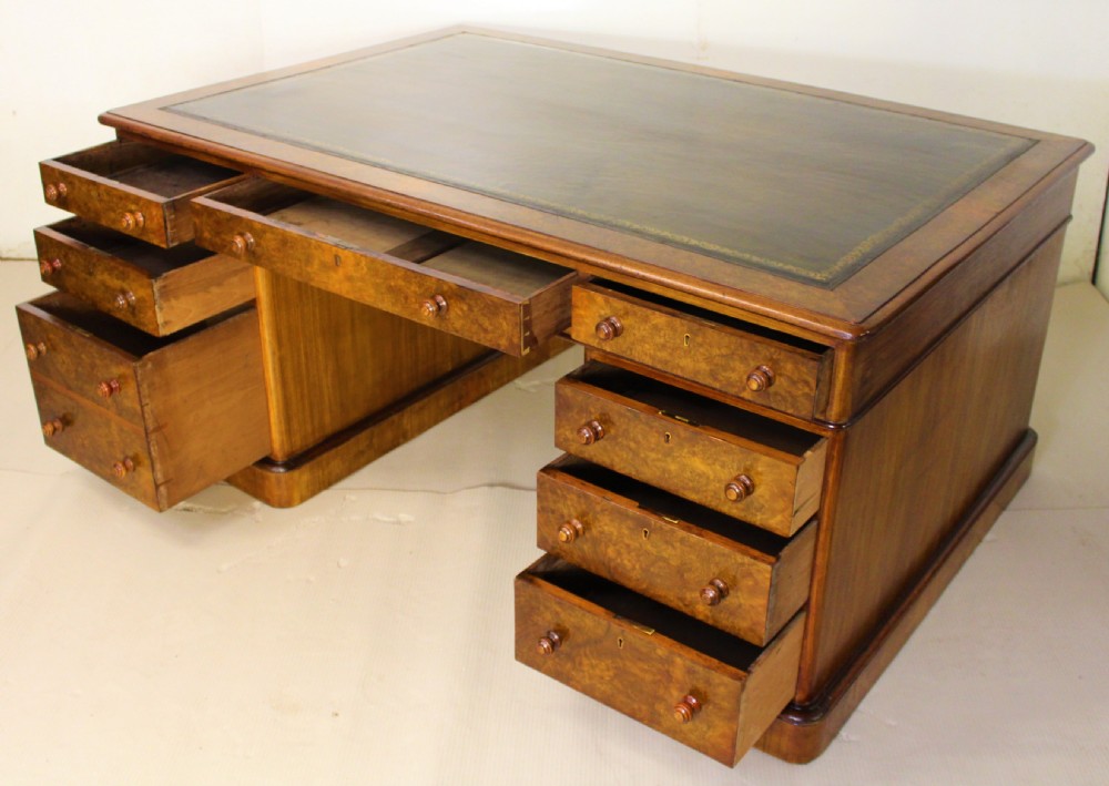 Large Victorian Burr Walnut Partners Pedestal Desk View V