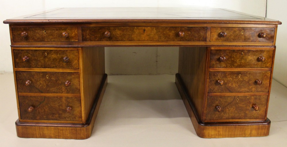 Large Victorian Burr Walnut Partners Pedestal Desk View VI