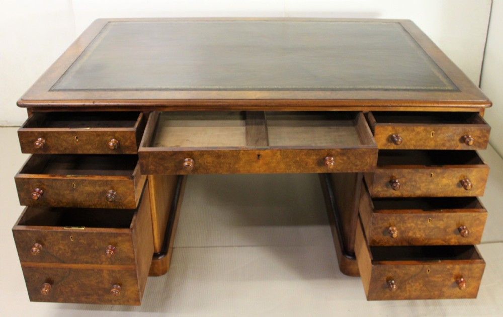 Large Victorian Burr Walnut Partners Pedestal Desk View VII