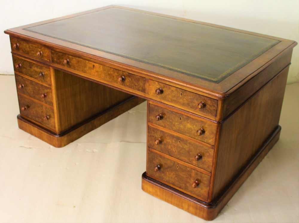 Large Victorian Burr Walnut Partners Pedestal Desk View X