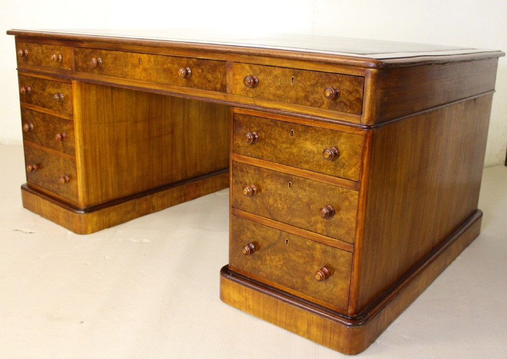Large Victorian Burr Walnut Partners Pedestal Desk View XI