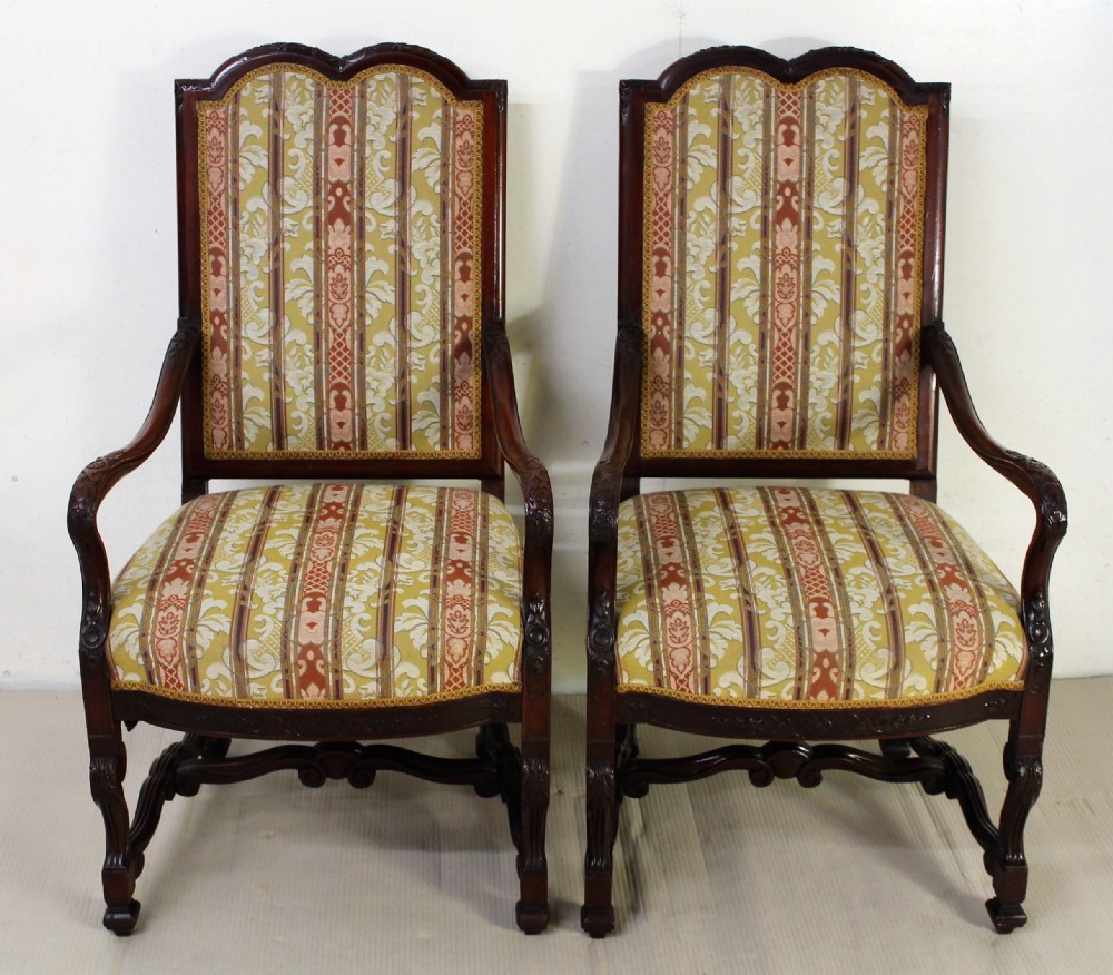 Pair of Carved Mahogany Upholstered Armchairs