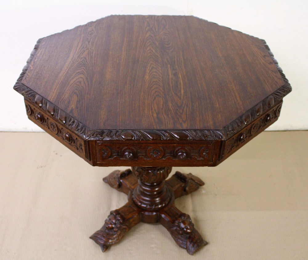 Victorian Octagonal Carved Oak Centre Table View VI