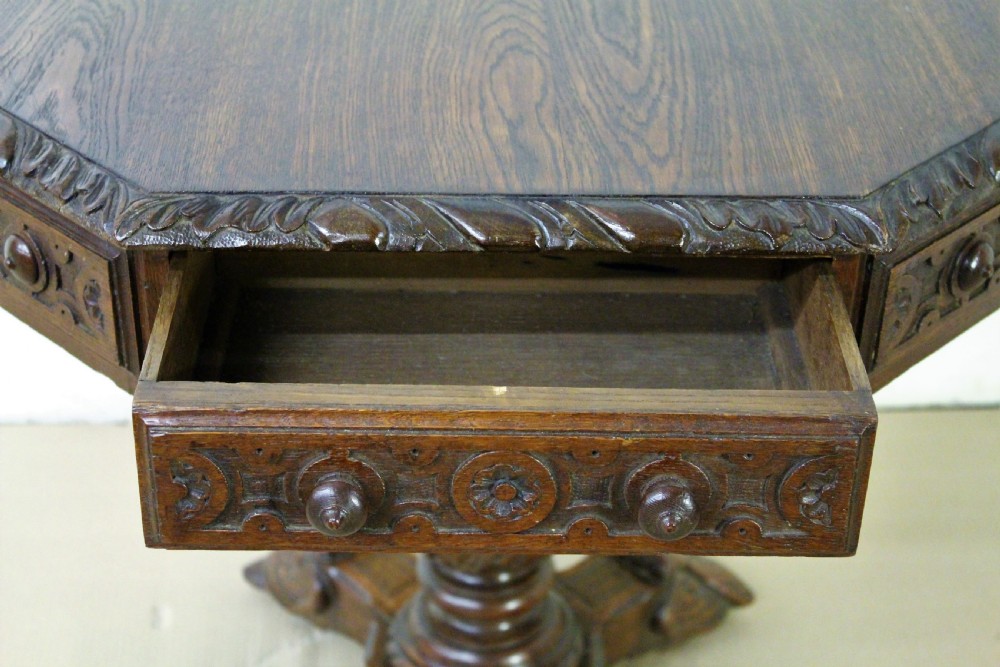 Victorian Octagonal Carved Oak Centre Table View XI
