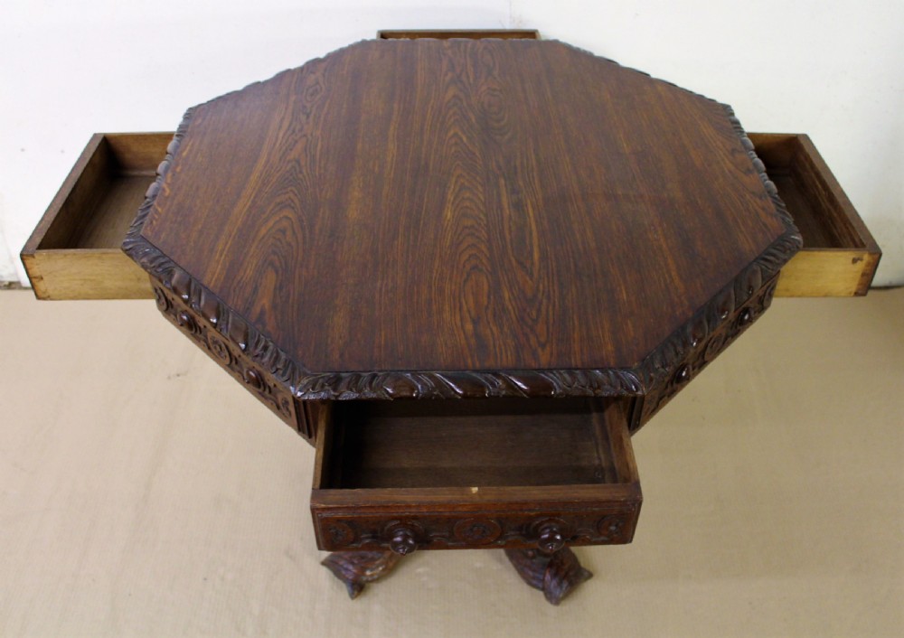 Victorian Octagonal Carved Oak Centre Table View XII
