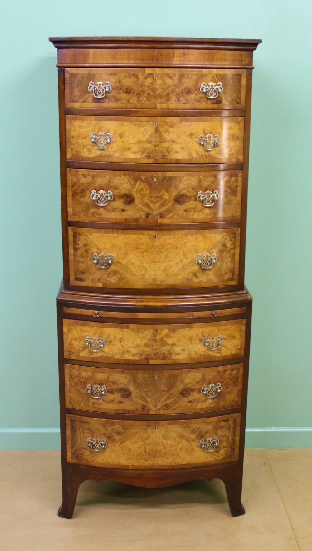 Bow Fronted Burr Walnut Chest on Chest