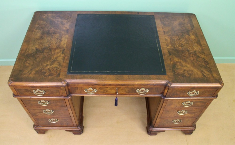 Burr Walnut Pedestal Desk by Maple and Co View II