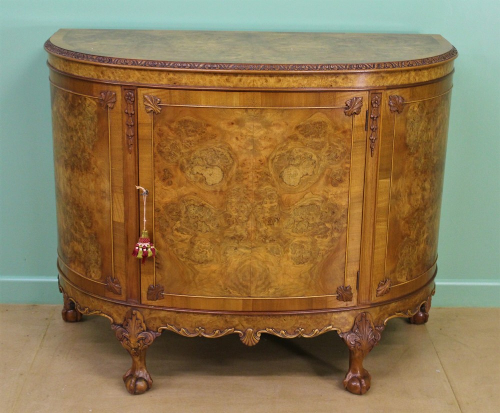 Waring and Gillow Demi Lune Burr Walnut Commode
