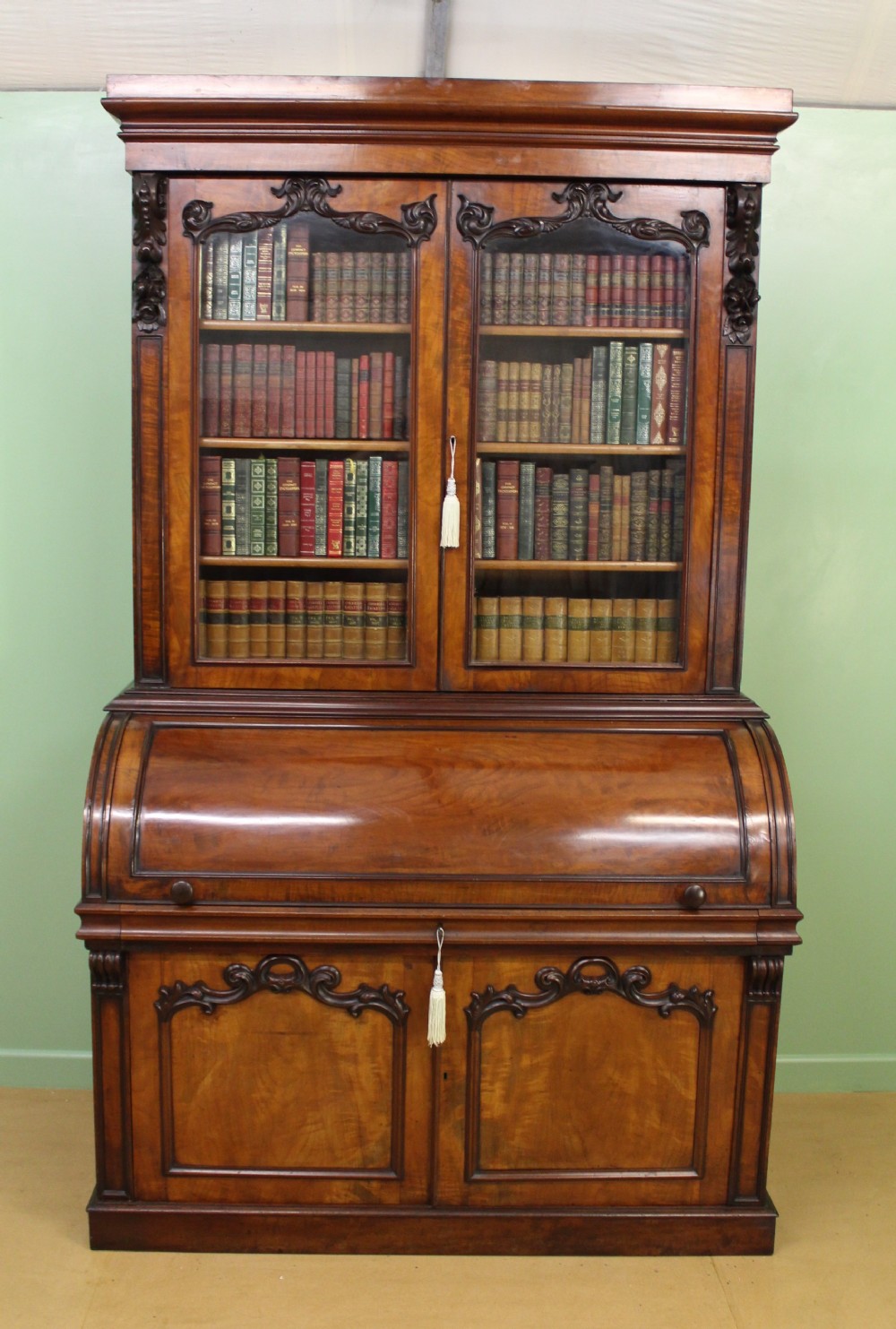 Large Victorian Mahogany Cylinder Bureau Bookcase