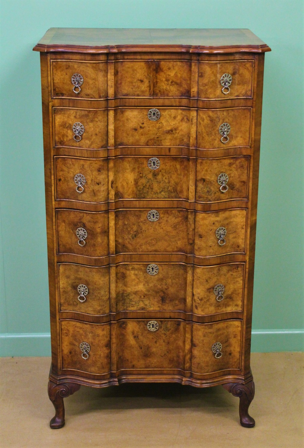 Tall Serpentine Burr Walnut Chest of Drawers
