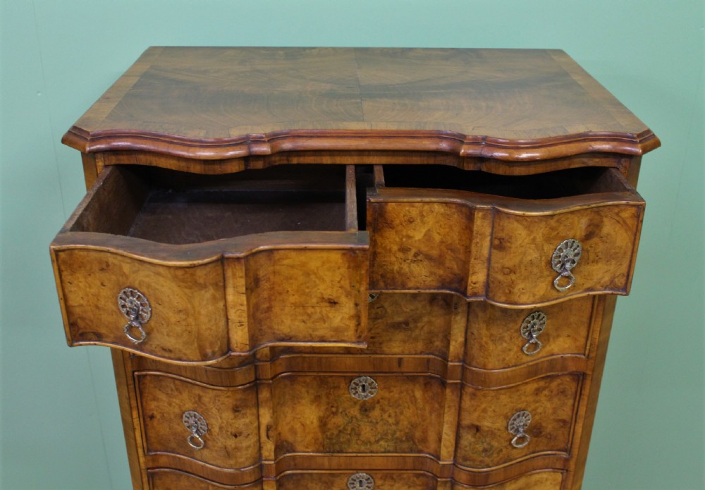 Tall Serpentine Burr Walnut Chest of Drawers View III