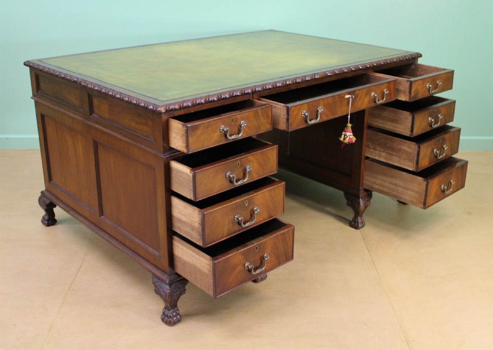Large Edwardian Walnut Partners Pedestal Desk View III