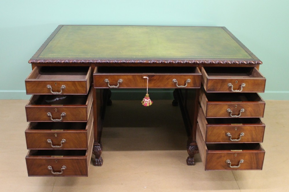 Large Edwardian Walnut Partners Pedestal Desk View XII
