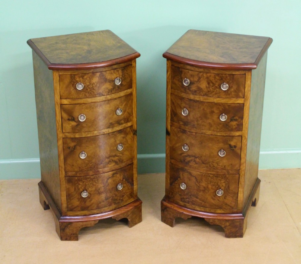 Pair of Victorian Burr Walnut Bow Fronted Bedside Chests 