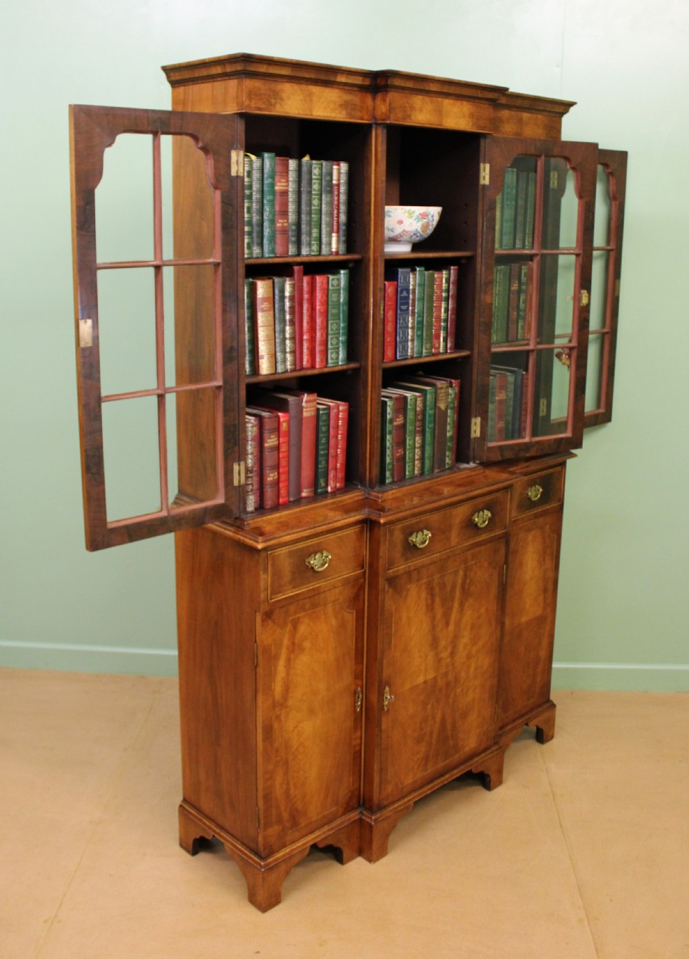 Burr Walnut Breakfront Bookcase View XII