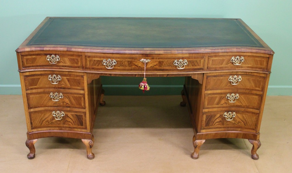 Large Burr Walnut Serpentine Pedestal Desk