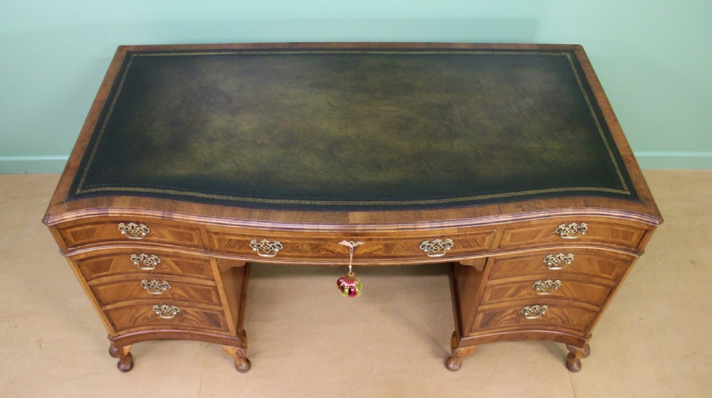 Large Burr Walnut Serpentine Pedestal Desk View III