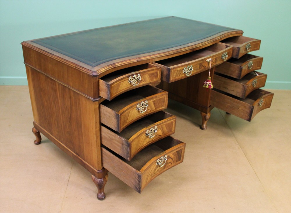 Large Burr Walnut Serpentine Pedestal Desk View IV