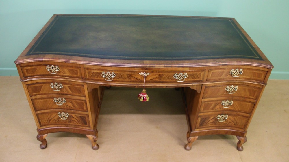 Large Burr Walnut Serpentine Pedestal Desk View VI