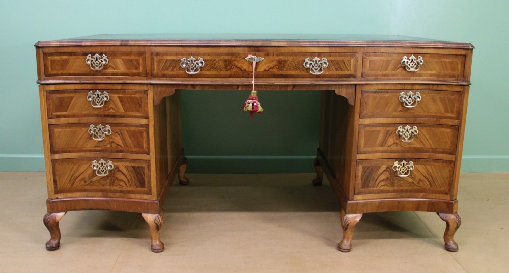 Large Burr Walnut Serpentine Pedestal Desk View VII