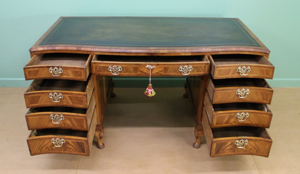 Large Burr Walnut Serpentine Pedestal Desk View XIII