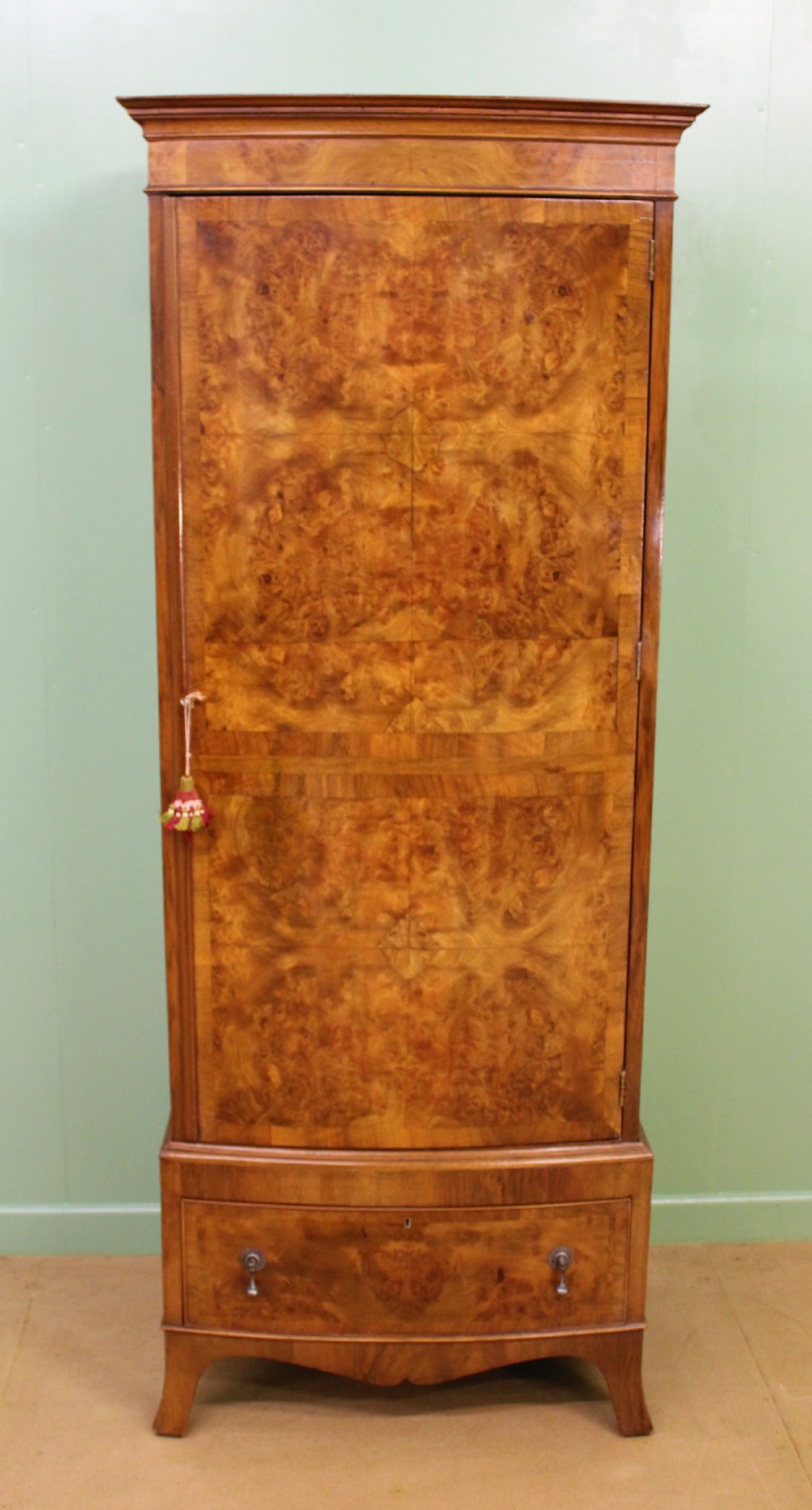 Burr Walnut Bow Fronted Slender Wardrobe
