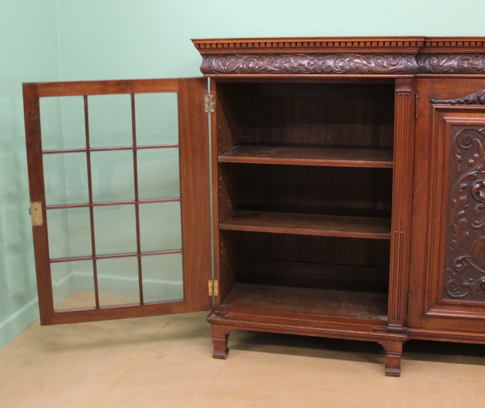 Long Victorian Carved Walnut Bookcase by Maple and Co.  View VII