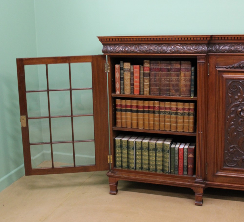 Long Victorian Carved Walnut Bookcase by Maple and Co.  View VIII