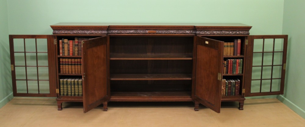 Long Victorian Carved Walnut Bookcase by Maple and Co.  View X