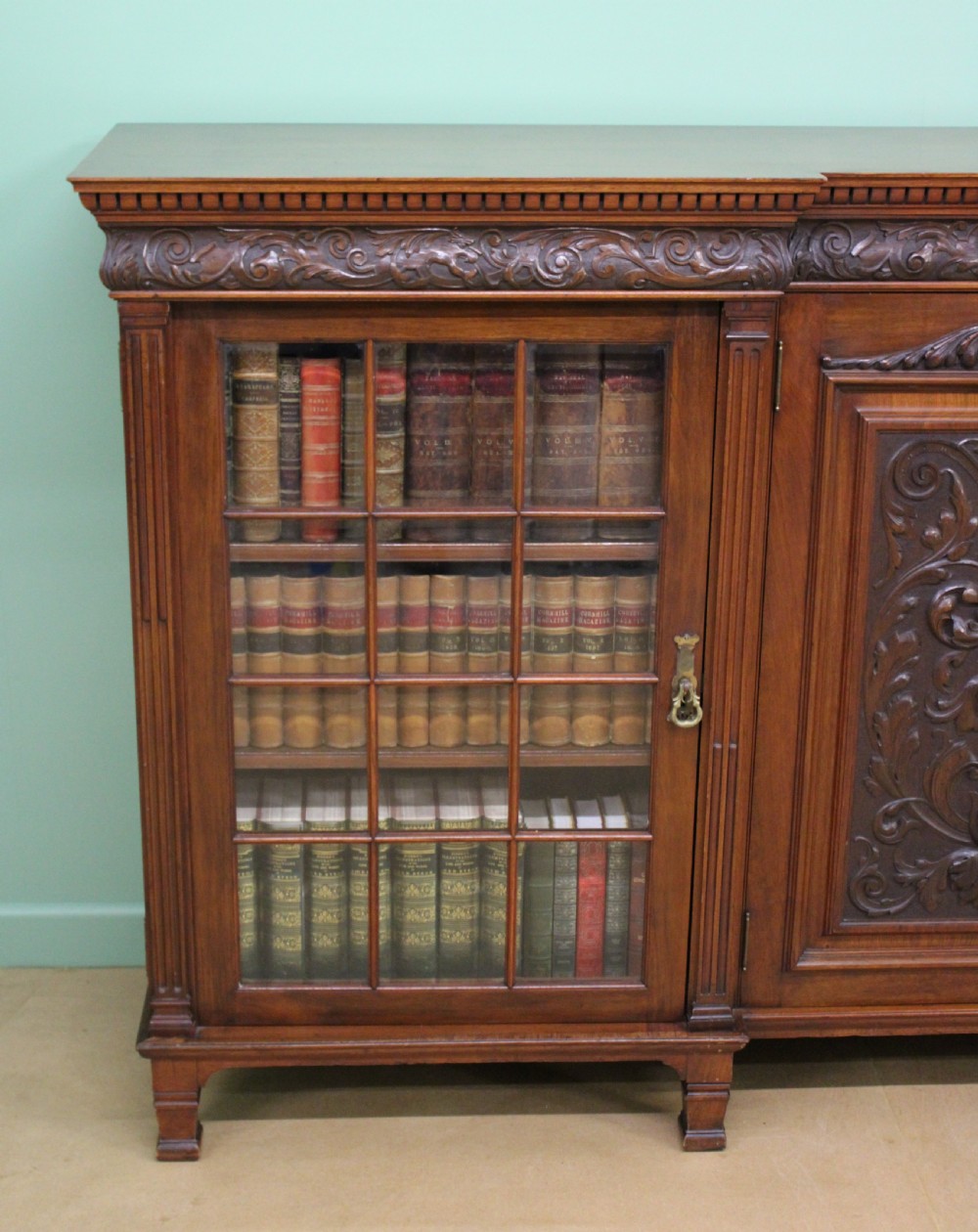 Long Victorian Carved Walnut Bookcase by Maple and Co.  View XII