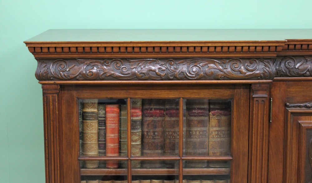 Long Victorian Carved Walnut Bookcase by Maple and Co.  View XIII