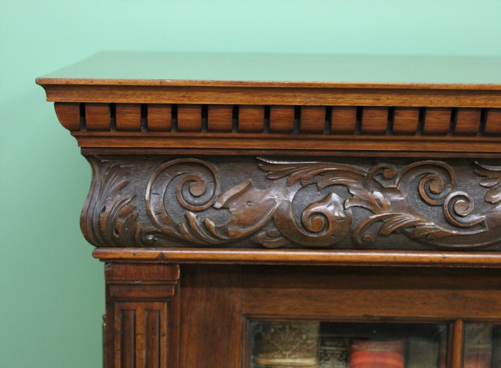 Long Victorian Carved Walnut Bookcase by Maple and Co.  View XIV