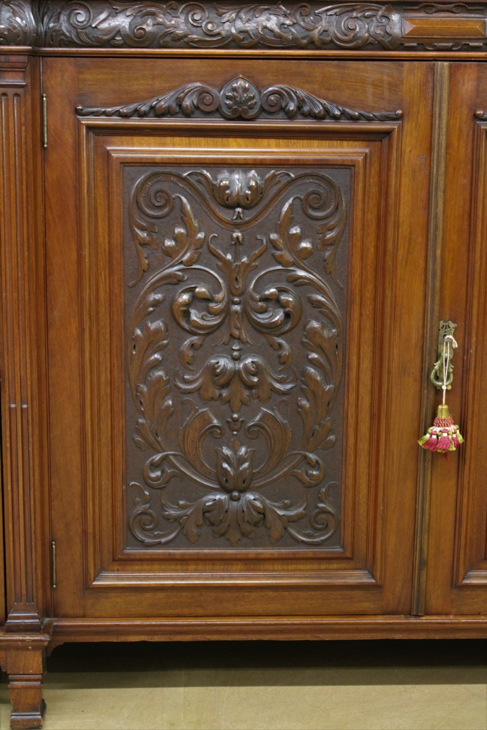 Long Victorian Carved Walnut Bookcase by Maple and Co.  View XVII