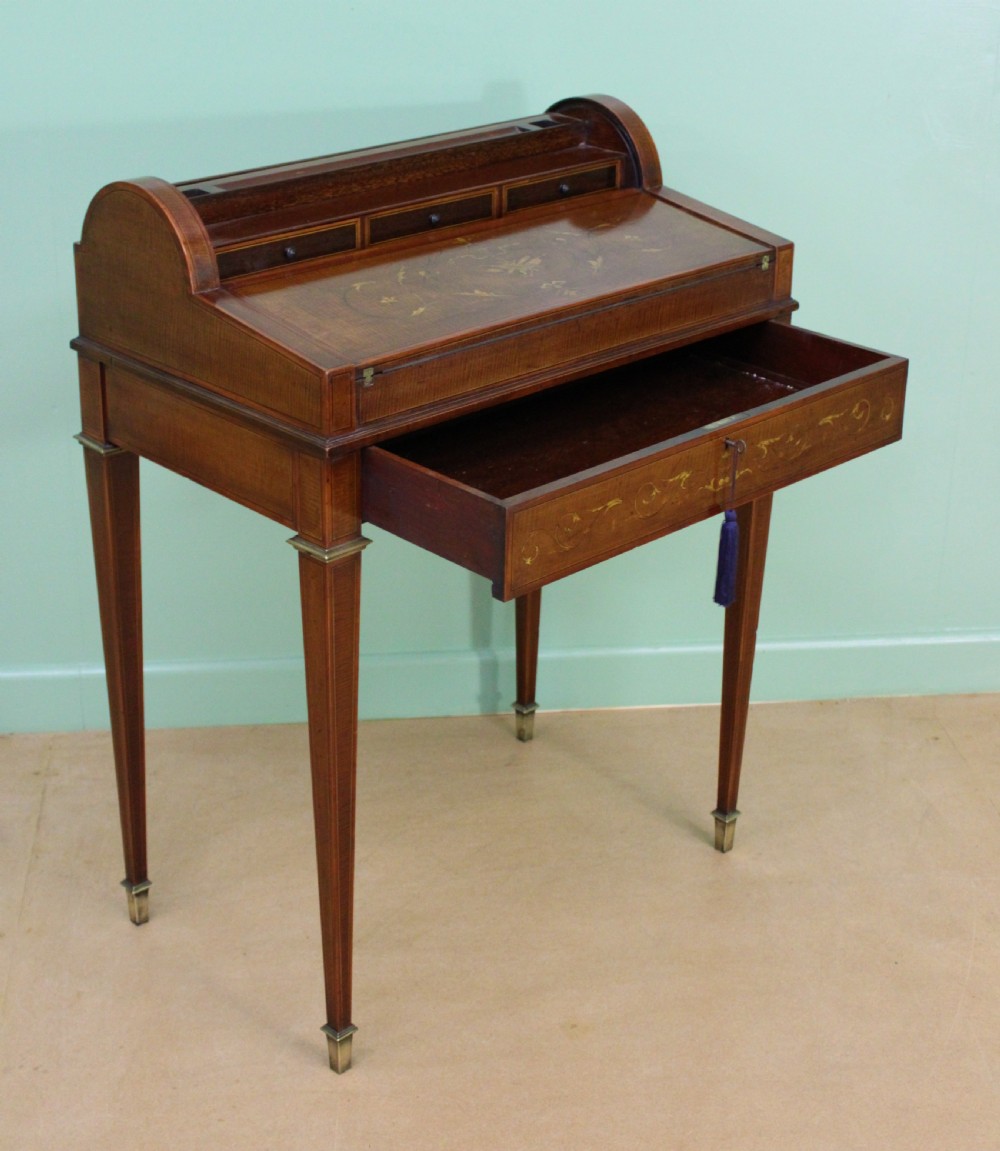 Inlaid Mahogany Tambour Bureau by Druce and Co. View III