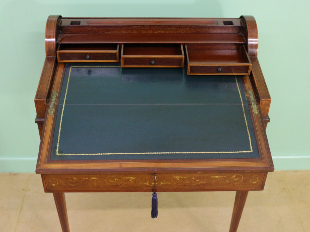Inlaid Mahogany Tambour Bureau by Druce and Co. View IV